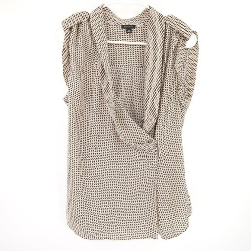 Ann Taylor Faux Wrap Printed Tan Blouse Flowy Size 10